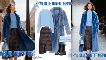 Fall Winter Blue Shearling Coat Plaid Skirt Outfit