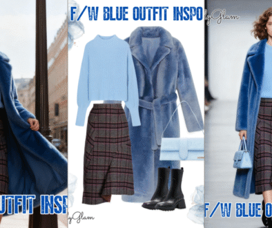 Fall Winter Blue Shearling Coat Plaid Skirt Outfit