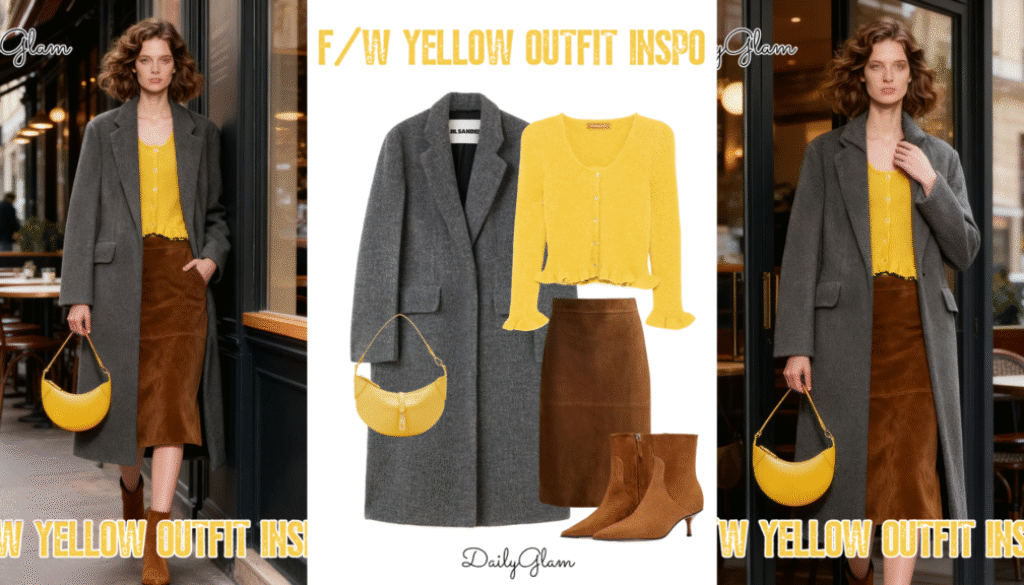 Fall Winter Yellow Cardigan Grey Coat Outfit