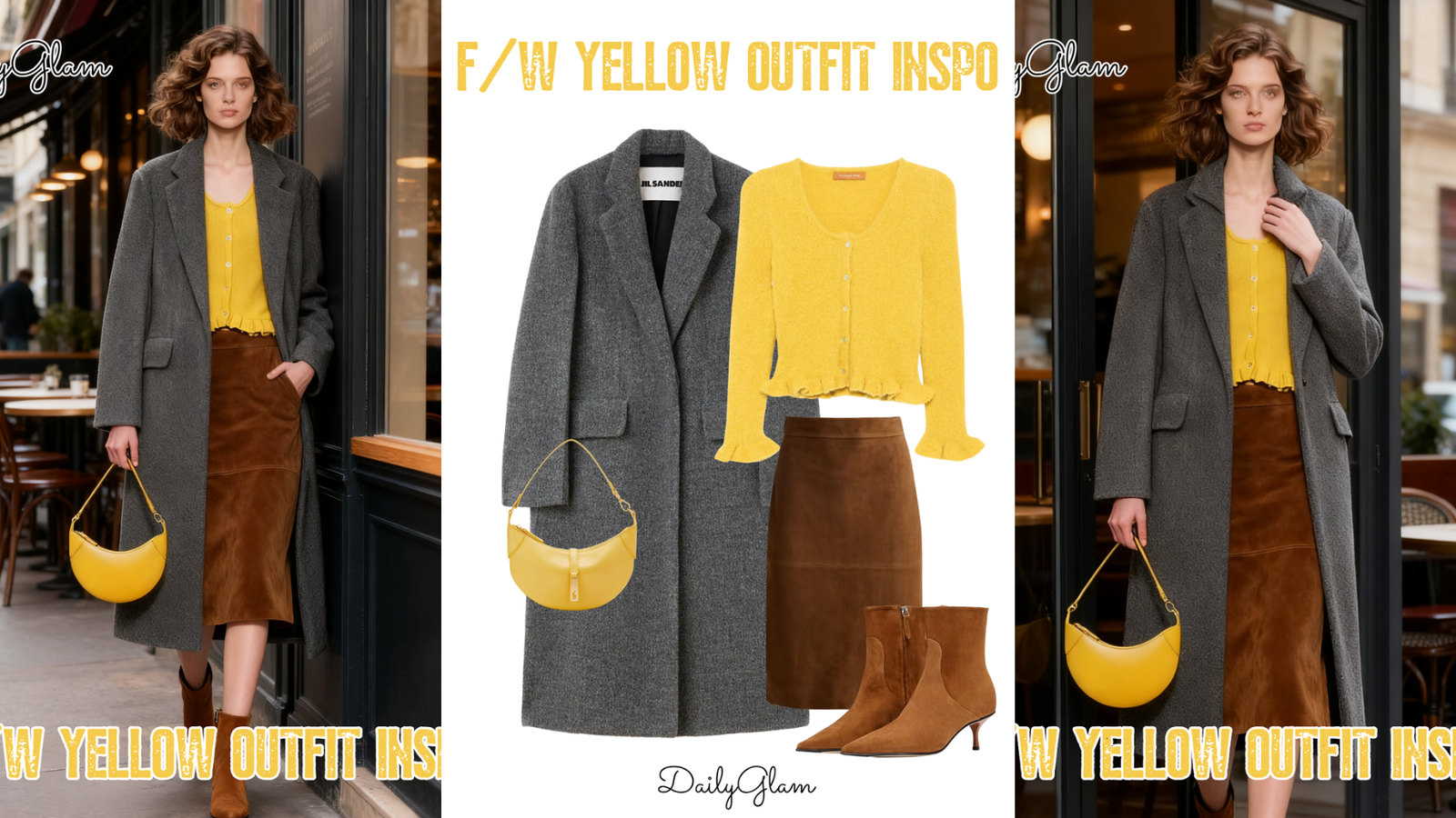 Fall Winter Yellow Cardigan Grey Coat Outfit