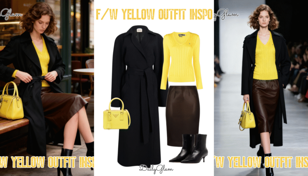 Fall Winter Yellow Cable-Knit Jumper & Black Trench Coat Outfit