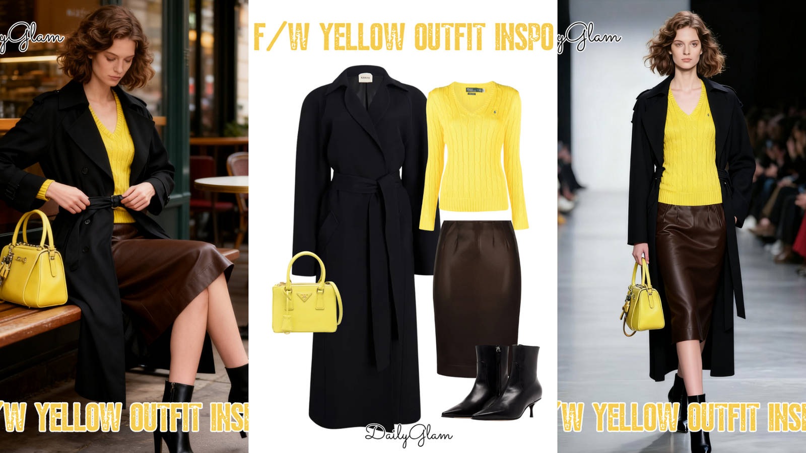 Fall Winter Yellow Cable-Knit Jumper & Black Trench Coat Outfit