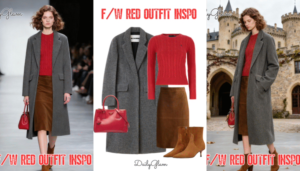 Fall Winter Red Cable-Knit Sweater Grey Coat Outfit