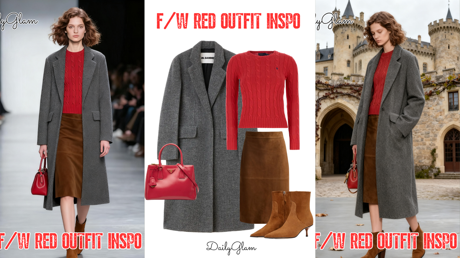 Fall Winter Red Cable-Knit Sweater Grey Coat Outfit