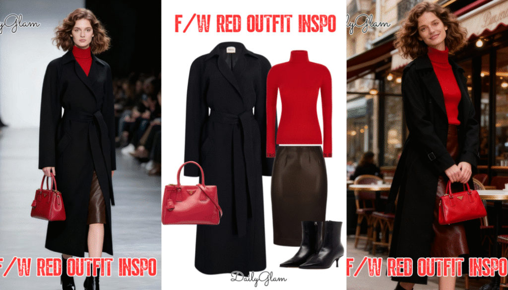 Fall Winter Red Turtleneck Black Trench Coat Outfit