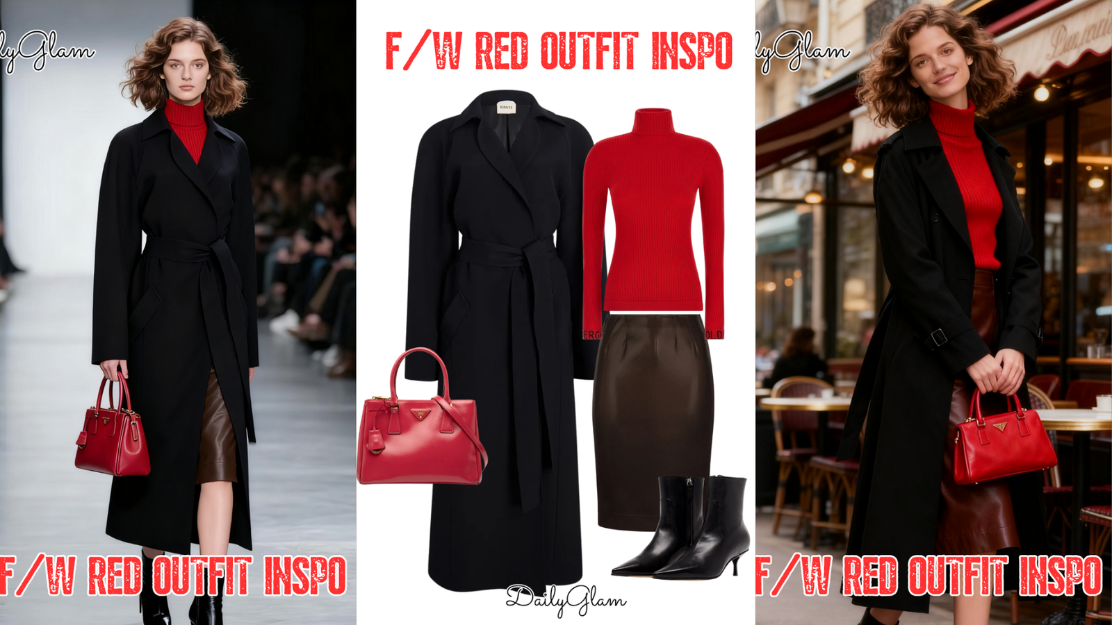 Fall Winter Red Turtleneck Black Trench Coat Outfit