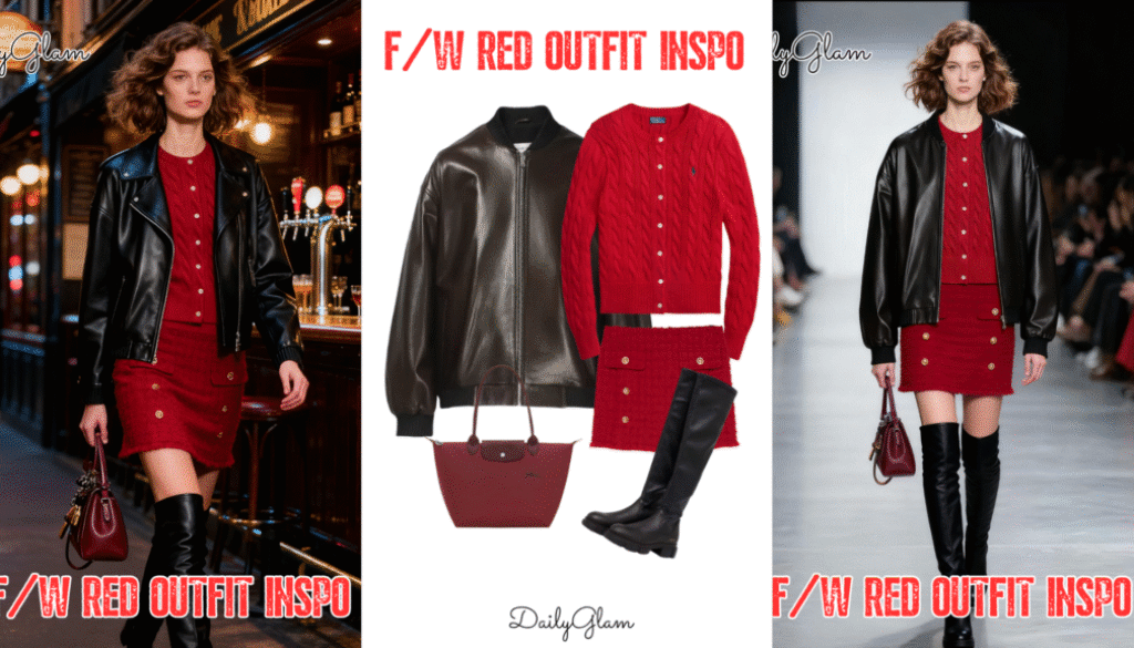 Fall Winter Red Cable-Knit Cardigan & Leather Bomber Outfit