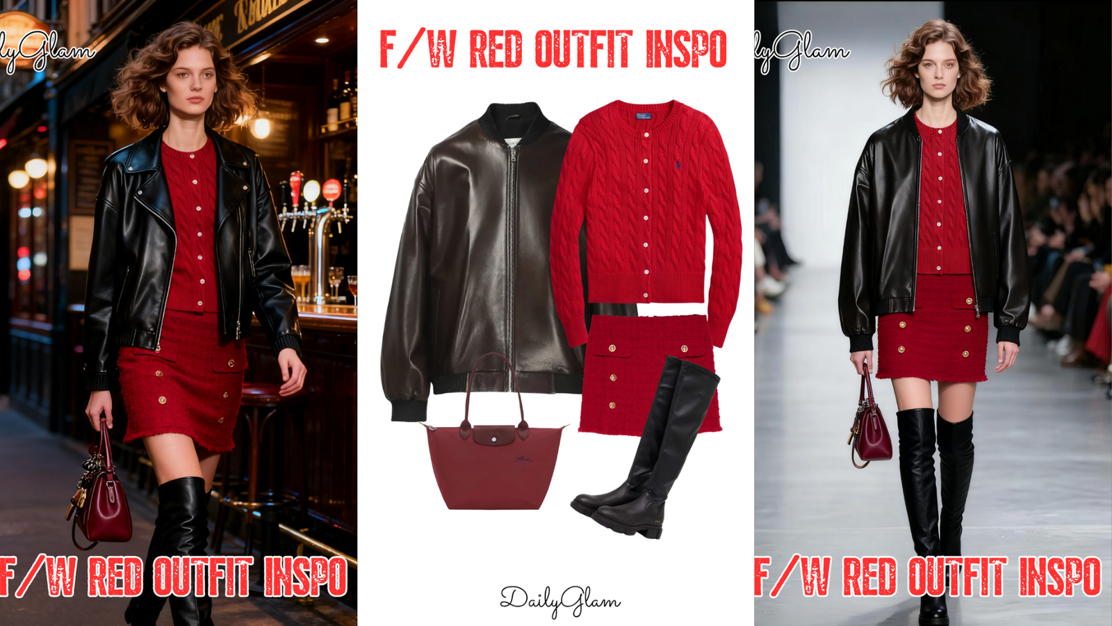 Fall Winter Red Cable-Knit Cardigan & Leather Bomber Outfit