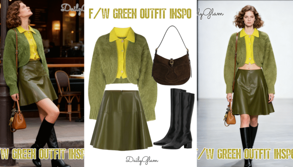 Fall Winter Green Layered Knit & Leather Skirt Outfit