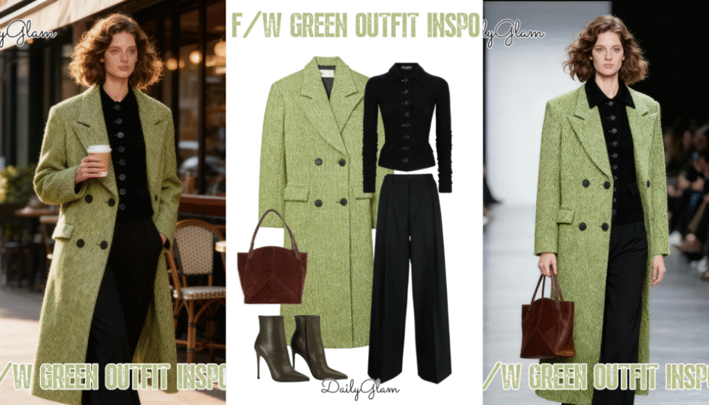 Fall Winter Light Green Wool Coat & Black Knit Outfit: Fresh Green + Sleek Neutral Sophistication