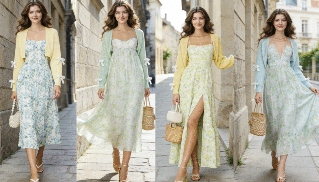 green dress with light cardigan