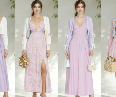 purple dress with light cardigan