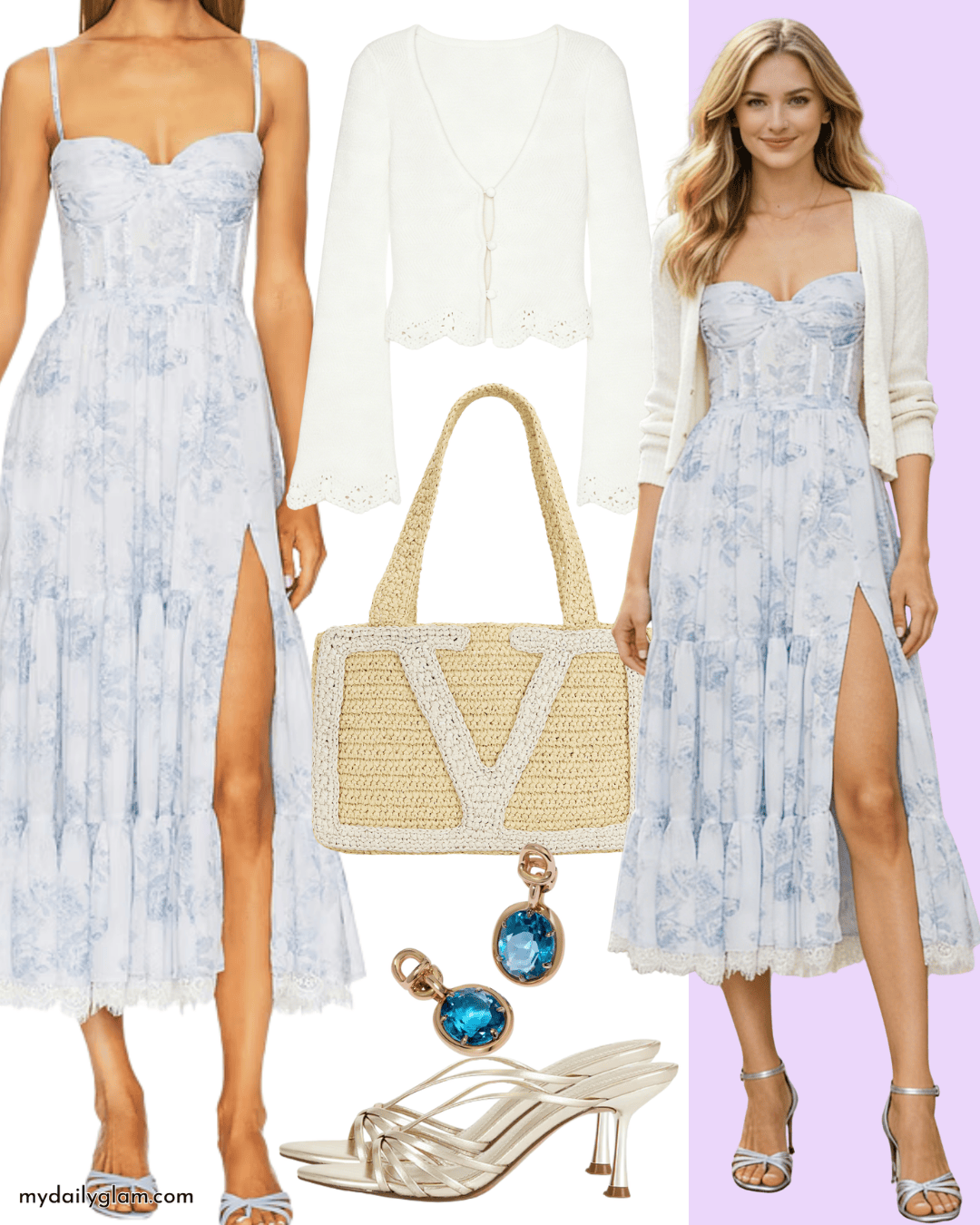 blue dress with light cardigan