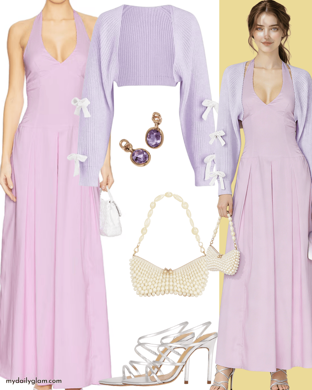 purple dress with light cardigan