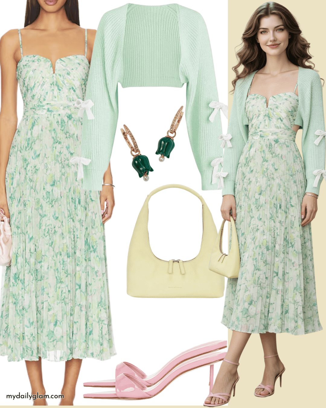 green emerald velvet dress Green Floral Print Ruffles Spaghetti Strap Dress with White Cardigan, Green / Xs main image 1