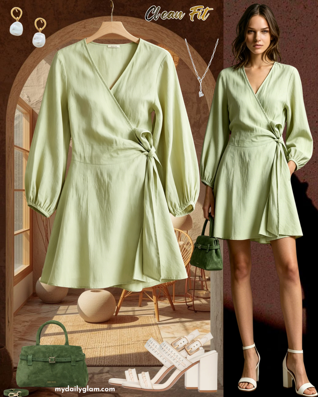 clean fit green wrap dress