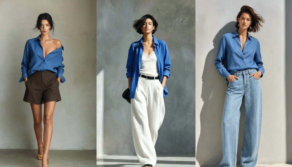 blue linen cotton shirt summer outfit ideas