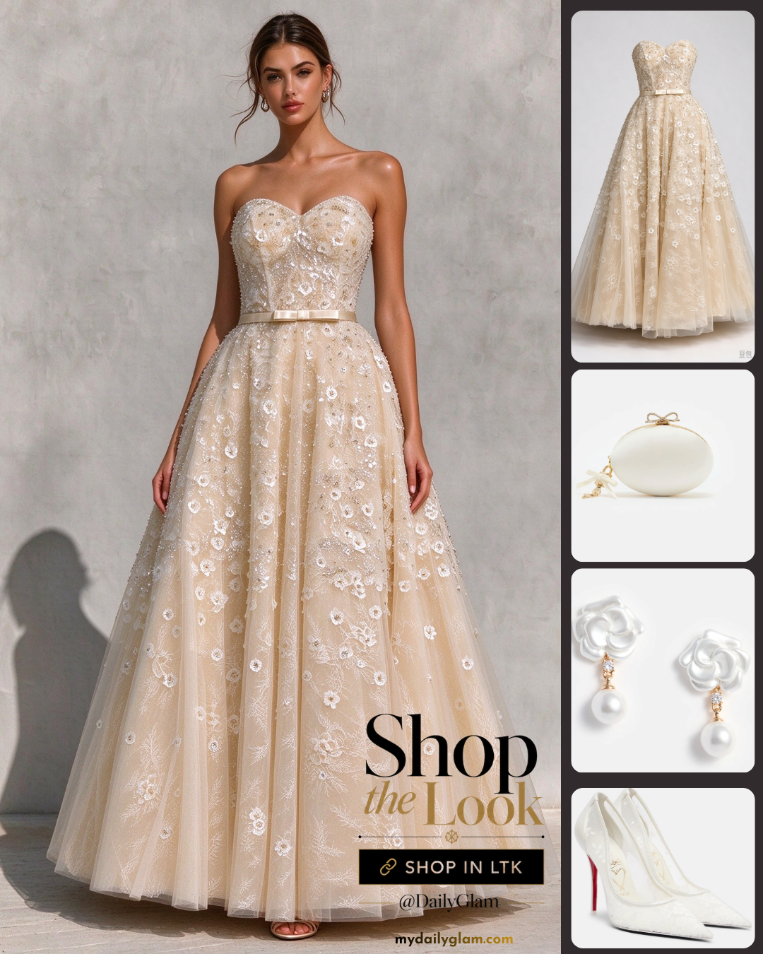 hampagne wedding dress, strapless ballgown, romantic bridal gown